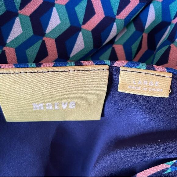 Anthropologie Maeve Sleeveless Silk Slip Mini Dress Geo Print Teal Blue Pink L - Picture 5 of 7